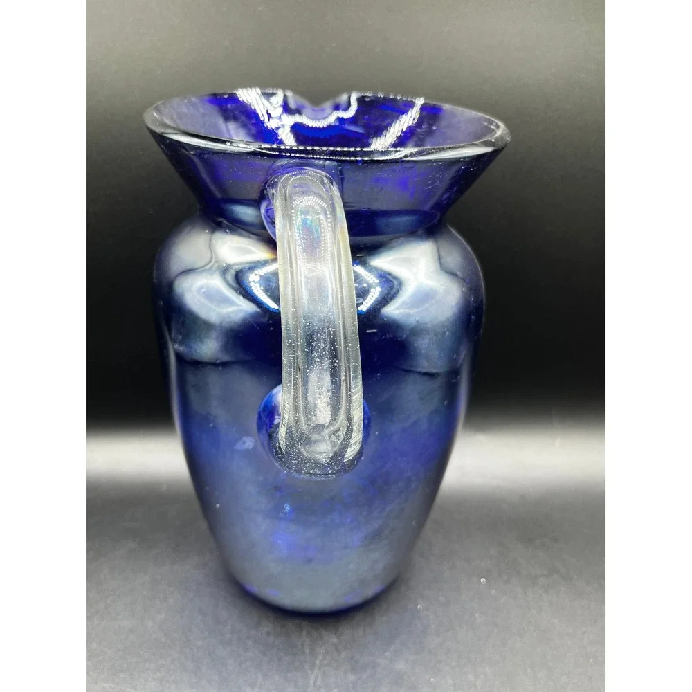 Vtg Cobalt Blue Hand Blown Glass Pitcher Clear Handle 9.25
